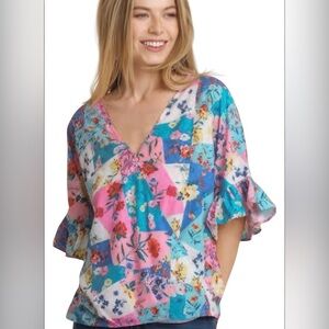 Umgee Pink & Blue Colorful Floral Patchwork Open Front Kimono Top Sz XL